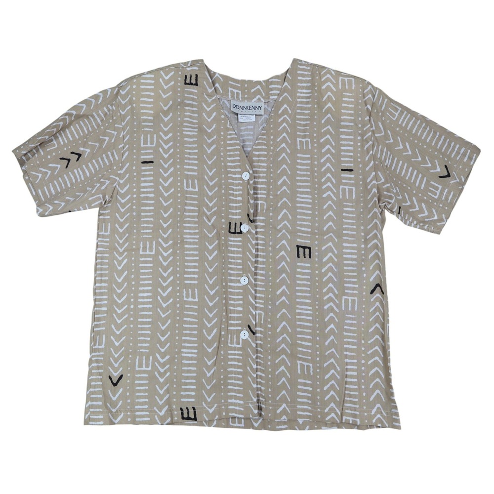 Donnkenny Classics Blouse Womens Small Vintage 90s Khaki Mudcloth Print USA NWT